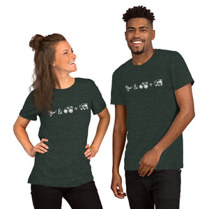 Unisex forest green bird t-shirt celebrating bird watching and overlanding with a graphic of binoculars, a bird, and an overlanding vehicle. Worn by a  happy couple.