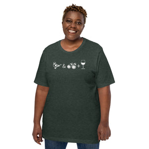 Unisex dark heather green bird t-shirt celebrating bird watching and wine drinking with a graphic of binoculars, a bird, and a glass of wine. Worn by a plus size female model.