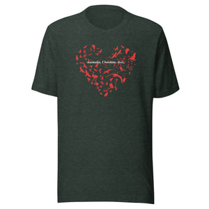 Heather forest green unisex bird t-shirt with a bird silhouettes of many different types of birds in red and arranged so they make a heart shape, on top of that the words, "Animalia, Chordata, Aves".