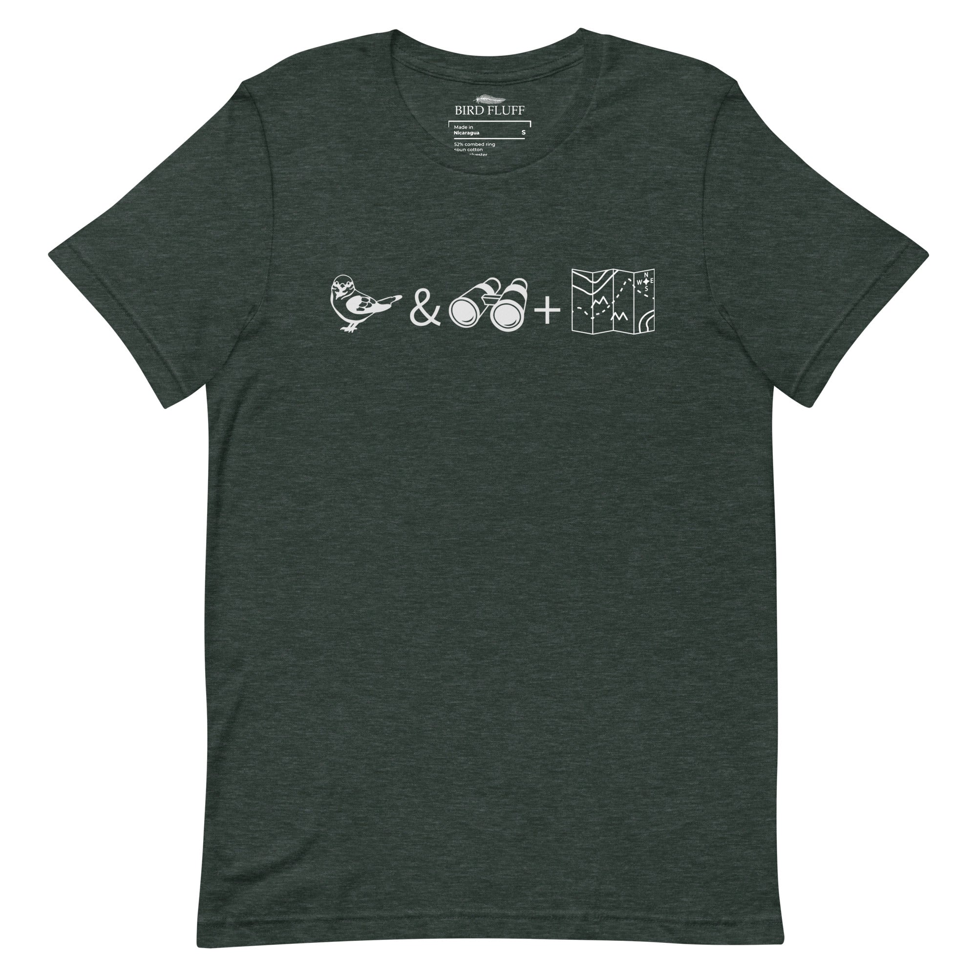 Unisex forest green heather bird t-shirt celebrating bird watching and the backcountry with a graphic of binoculars, a bird, and a map.