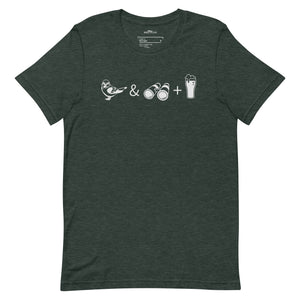 Unisex dark heather green bird t-shirt celebrating bird watching and beer with a graphic of binoculars, a bird, and a glass of beer. 