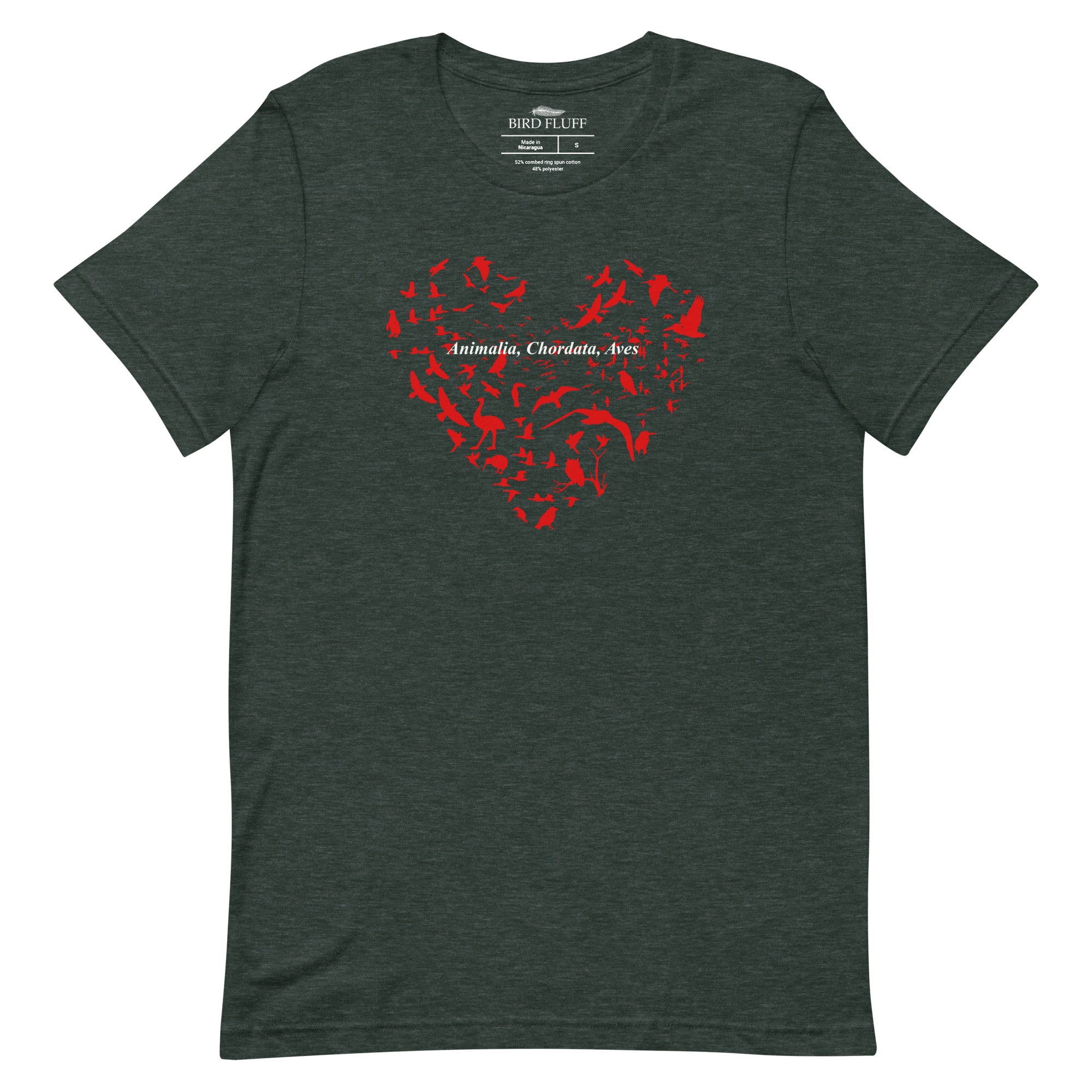 Heather forest green unisex bird t-shirt with a bird silhouettes of many different types of birds in red and arranged so they make a heart shape, on top of that the words, "Animalia, Chordata, Aves".