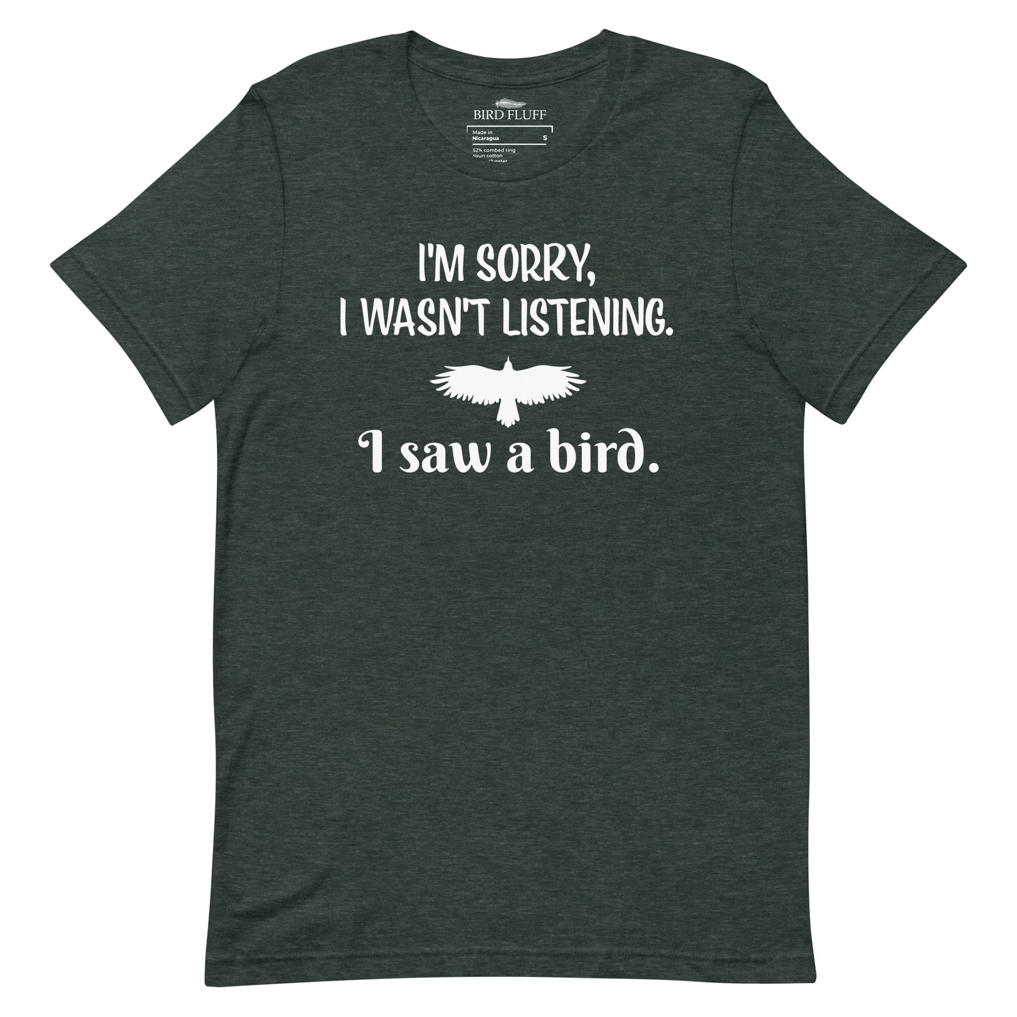 Dark heather green unisex bird t-shirt with a bird silhouettes of many different types of birds in red and arranged so they make a heart shape, on top of that the words, "Animalia, Chordata, Aves".