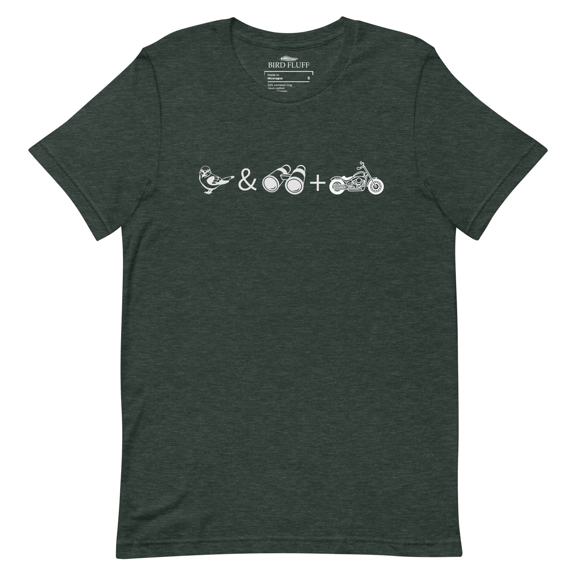 Unisex forest green heather bird t-shirt celebrating bird watching and motorcycling with a graphic of binoculars, a bird, and a motorcycle. 