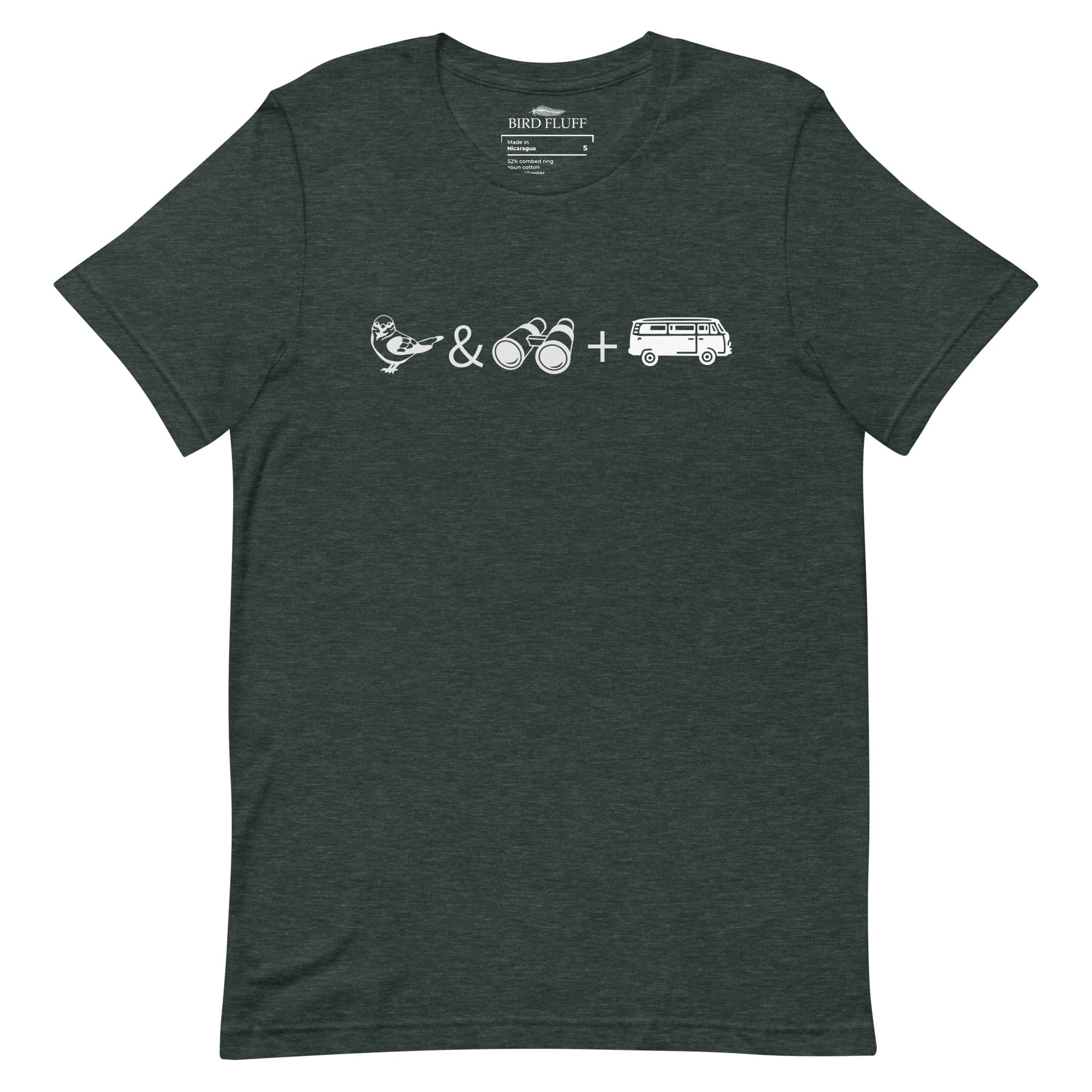 Heather forest green unisex bird t-shirt with graphics of binoculars, birds and a van.