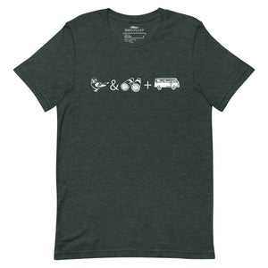 Heather forest green unisex bird t-shirt with graphics of binoculars, birds and a van.