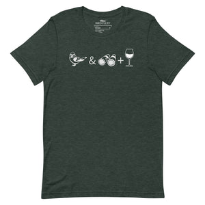 Unisex dark heather green bird t-shirt celebrating bird watching and wine drinking with a graphic of binoculars, a bird, and a glass of wine.