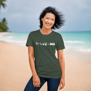 Heather forest green unisex bird t-shirt with graphics of binoculars, birds and a van. Worn by a woman.