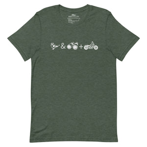 Unisex forest green heather bird t-shirt celebrating bird watching and motorcycling with a graphic of binoculars, a bird, and a motorcycle. 