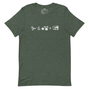 Unisex forest green heather bird t-shirt celebrating bird watching and overlanding with a graphic of binoculars, a bird, and an overlanding vehicle.