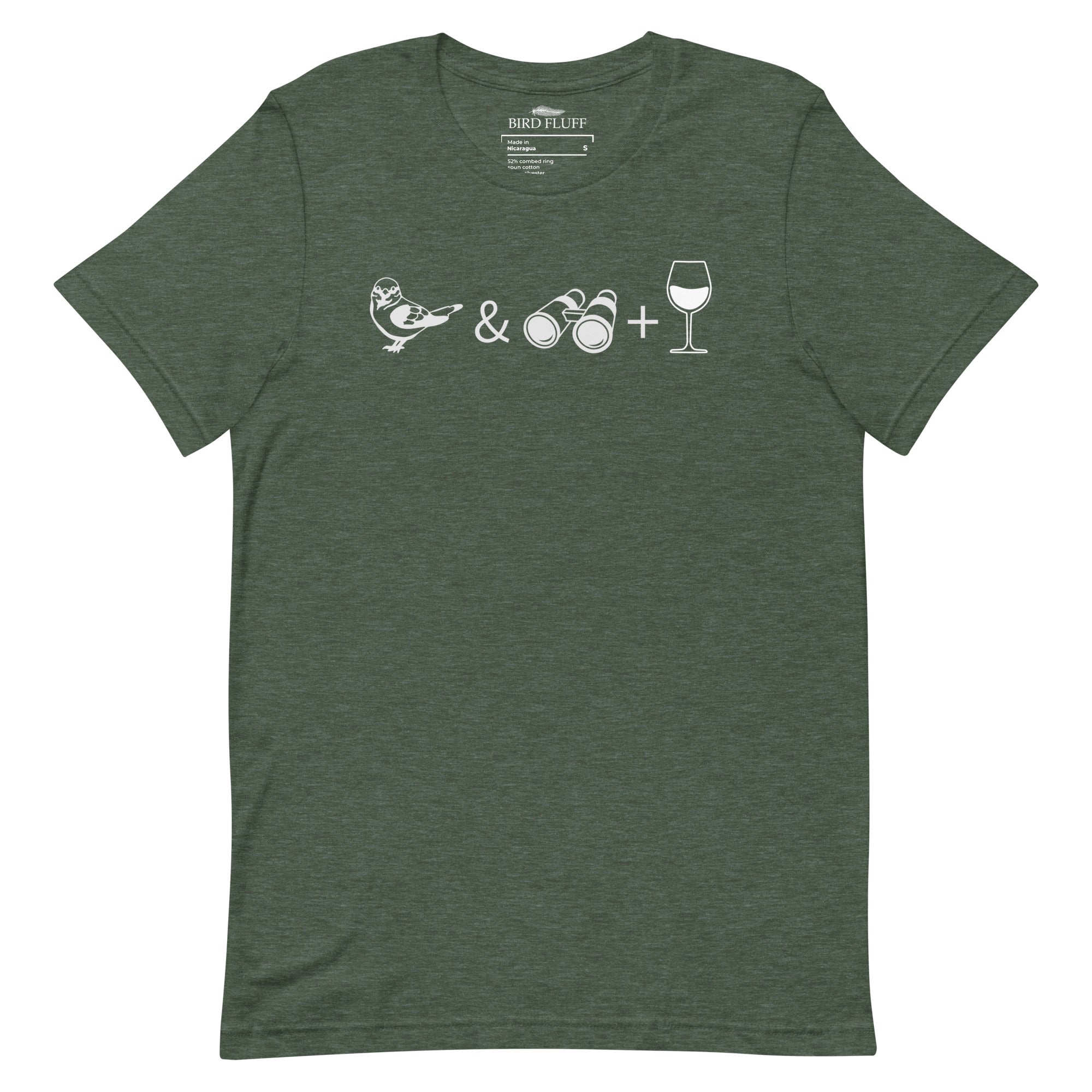 Unisex heather green bird t-shirt celebrating bird watching and wine drinking with a graphic of binoculars, a bird, and a glass of wine.