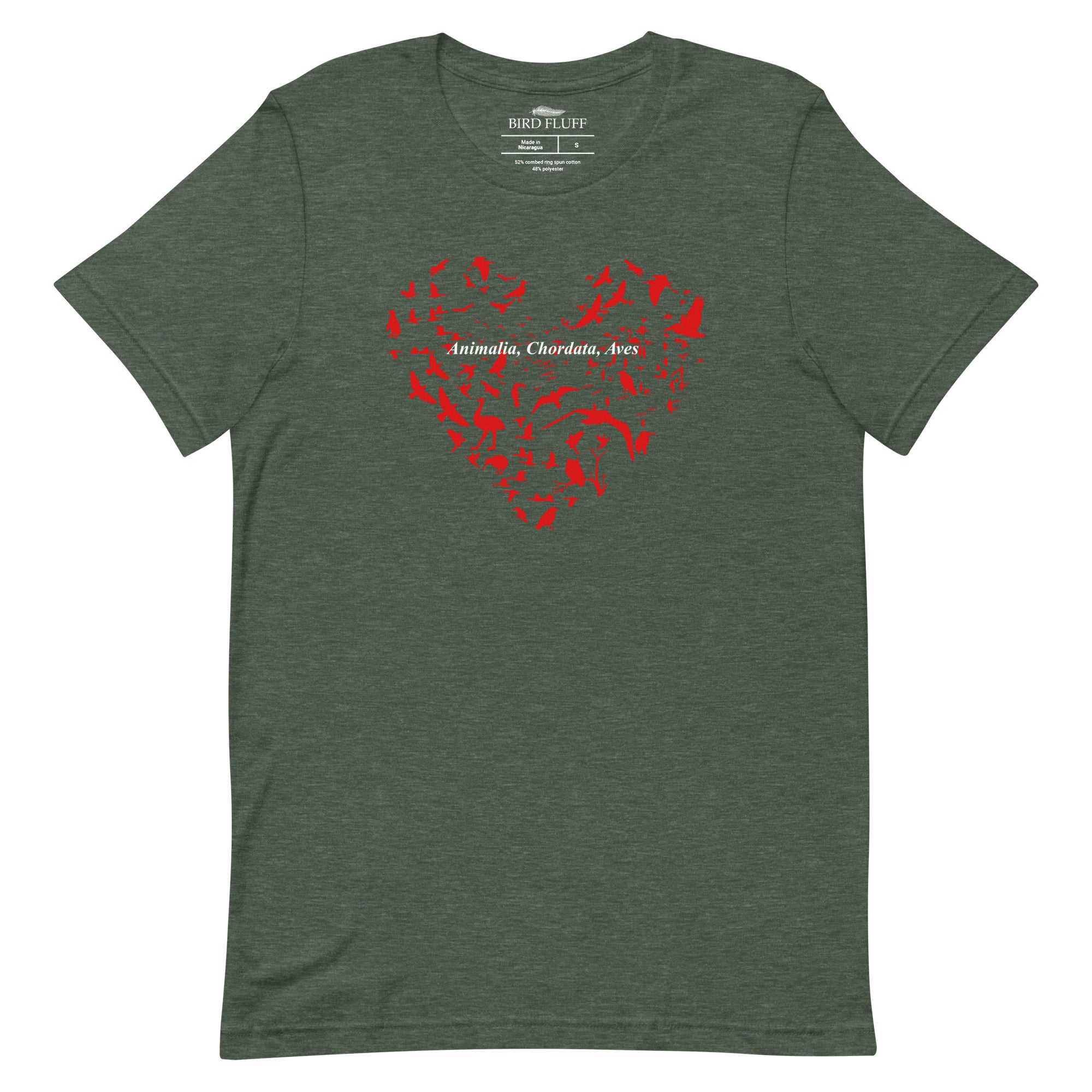 Heather forest green unisex bird t-shirt with a bird silhouettes of many different types of birds in red and arranged so they make a heart shape, on top of that the words, "Animalia, Chordata, Aves".