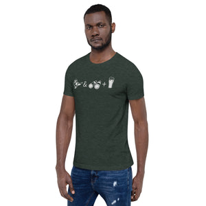 Unisex dark heather green bird t-shirt celebrating bird watching and beer with a graphic of binoculars, a bird, and a glass of beer. Worn by a man.