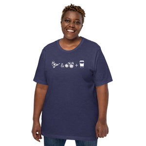 Unisex dark heather blue bird t-shirt celebrating bird watching and coffee with a graphic of binoculars, a bird, and a travel cup of coffee. Worn by a plus size female model.