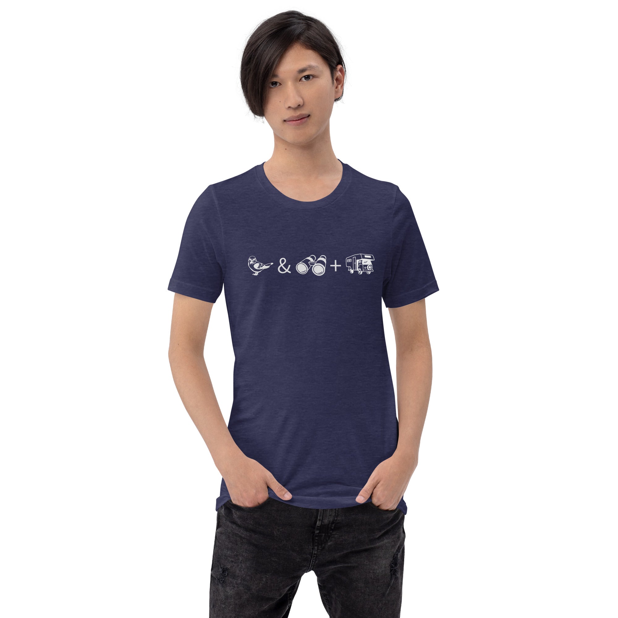 Unisex dark blue bird t-shirt celebrating bird watching and overlanding with a graphic of binoculars, a bird, and an overlanding vehicle. Worn by a man.