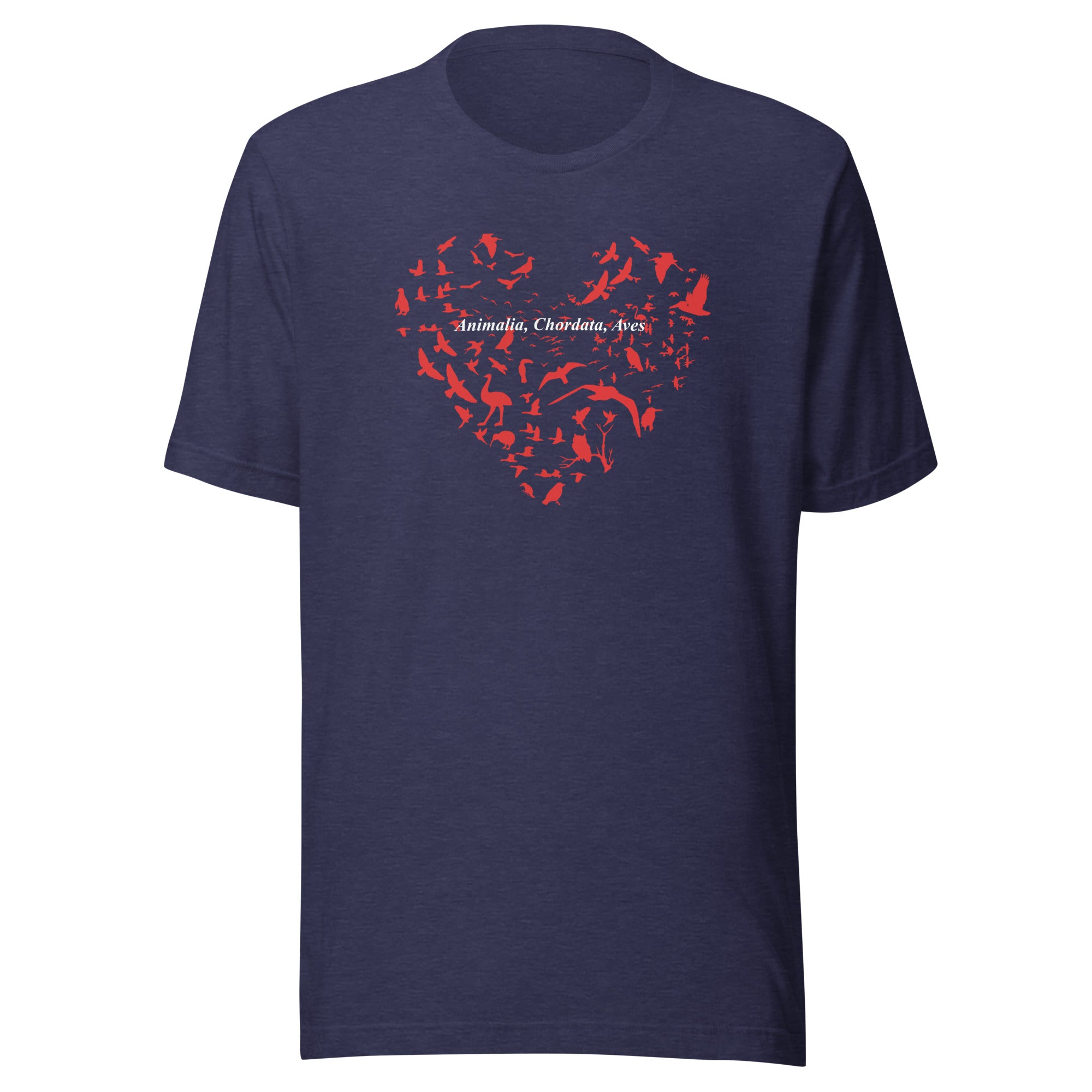 Navy blue unisex bird t-shirt with a bird silhouettes of many different types of birds in red and arranged so they make a heart shape, on top of that the words, "Animalia, Chordata, Aves".