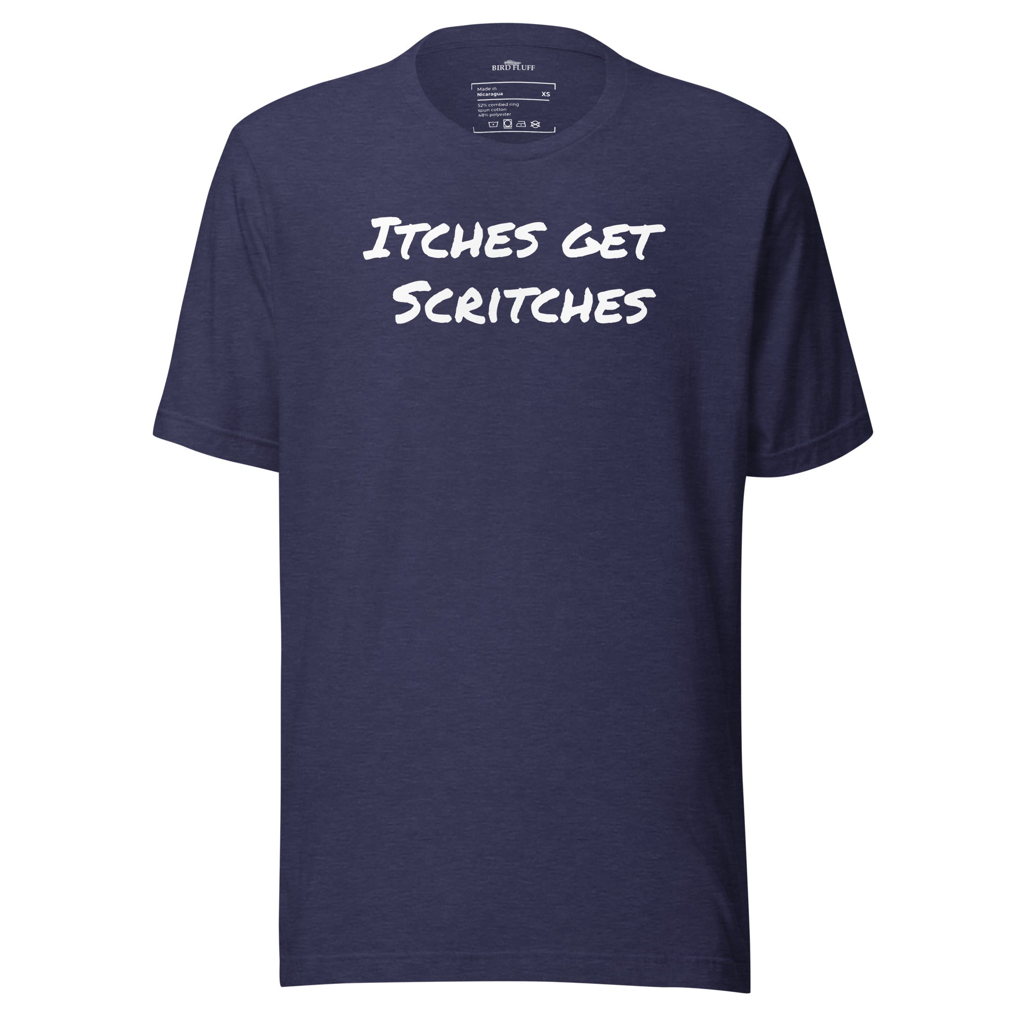 Navy blue unisex t-shirt with the phrase, "Itches get scritches" across the front.