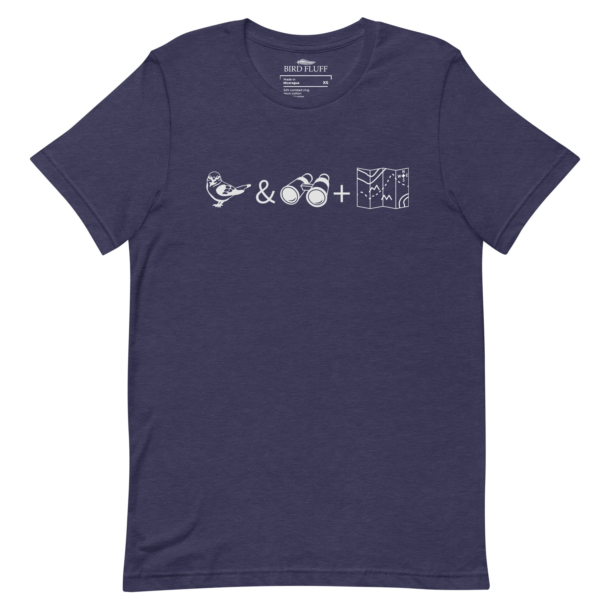 Unisex navy blue heather bird t-shirt celebrating bird watching and the backcountry with a graphic of binoculars, a bird, and a map.