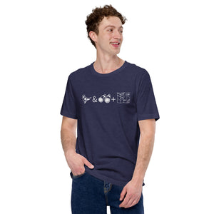 Unisex navy blue heather bird t-shirt celebrating bird watching and the backcountry with a graphic of binoculars, a bird, and a map. Worn by a man.