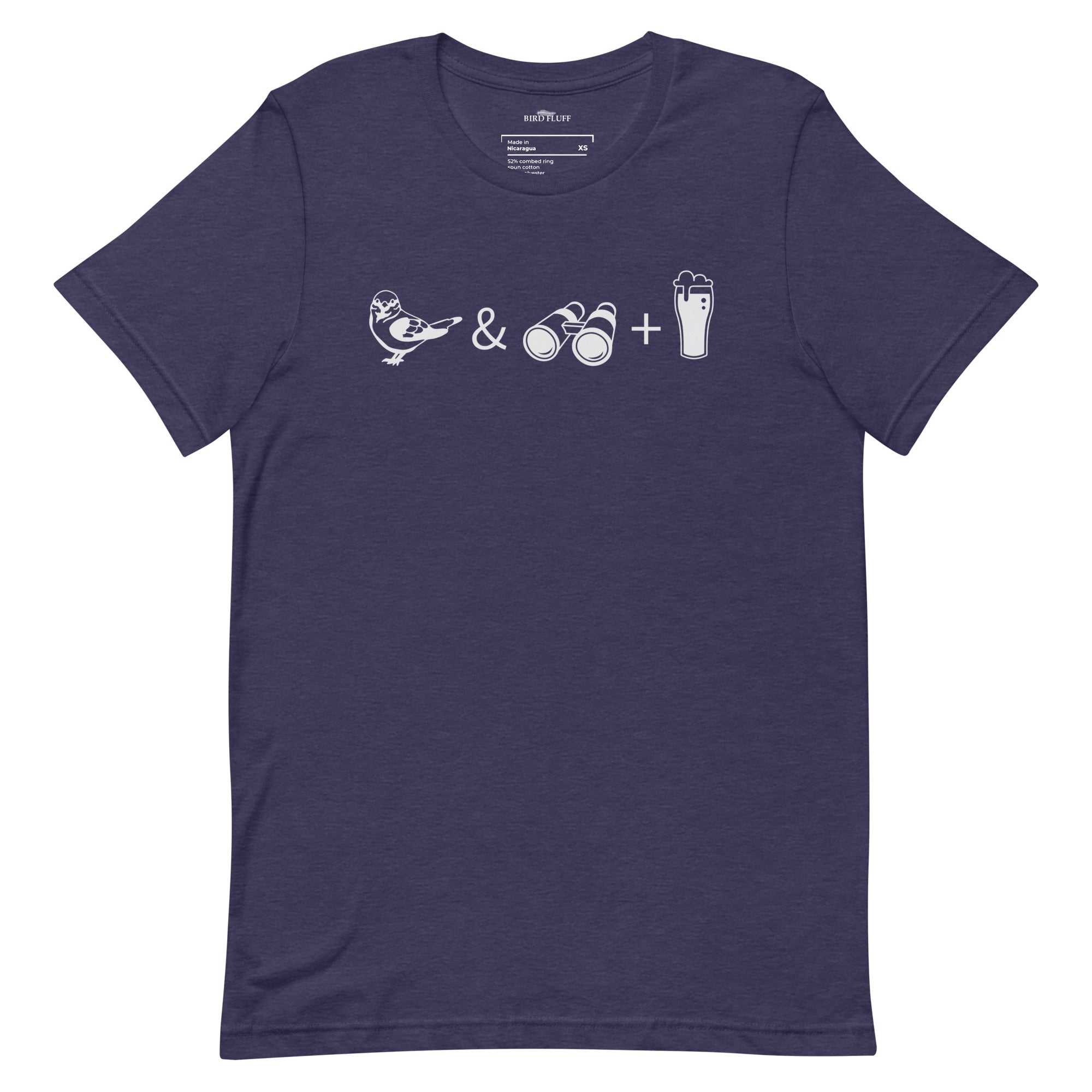 Unisex dark heather blue bird t-shirt celebrating bird watching and beer with a graphic of binoculars, a bird, and a glass of beer. 