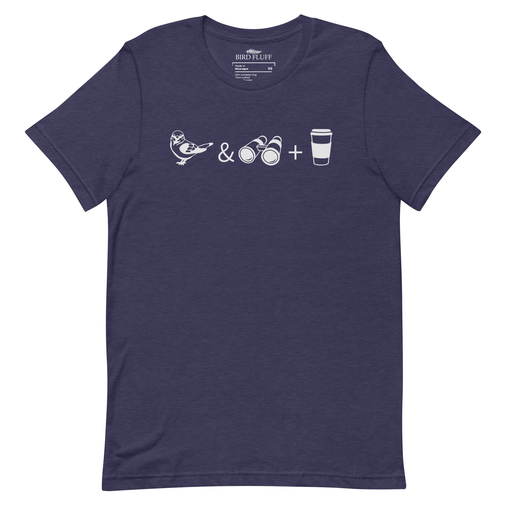 Navy heather bird shirt with a bird, binoculars and cup of coffee.