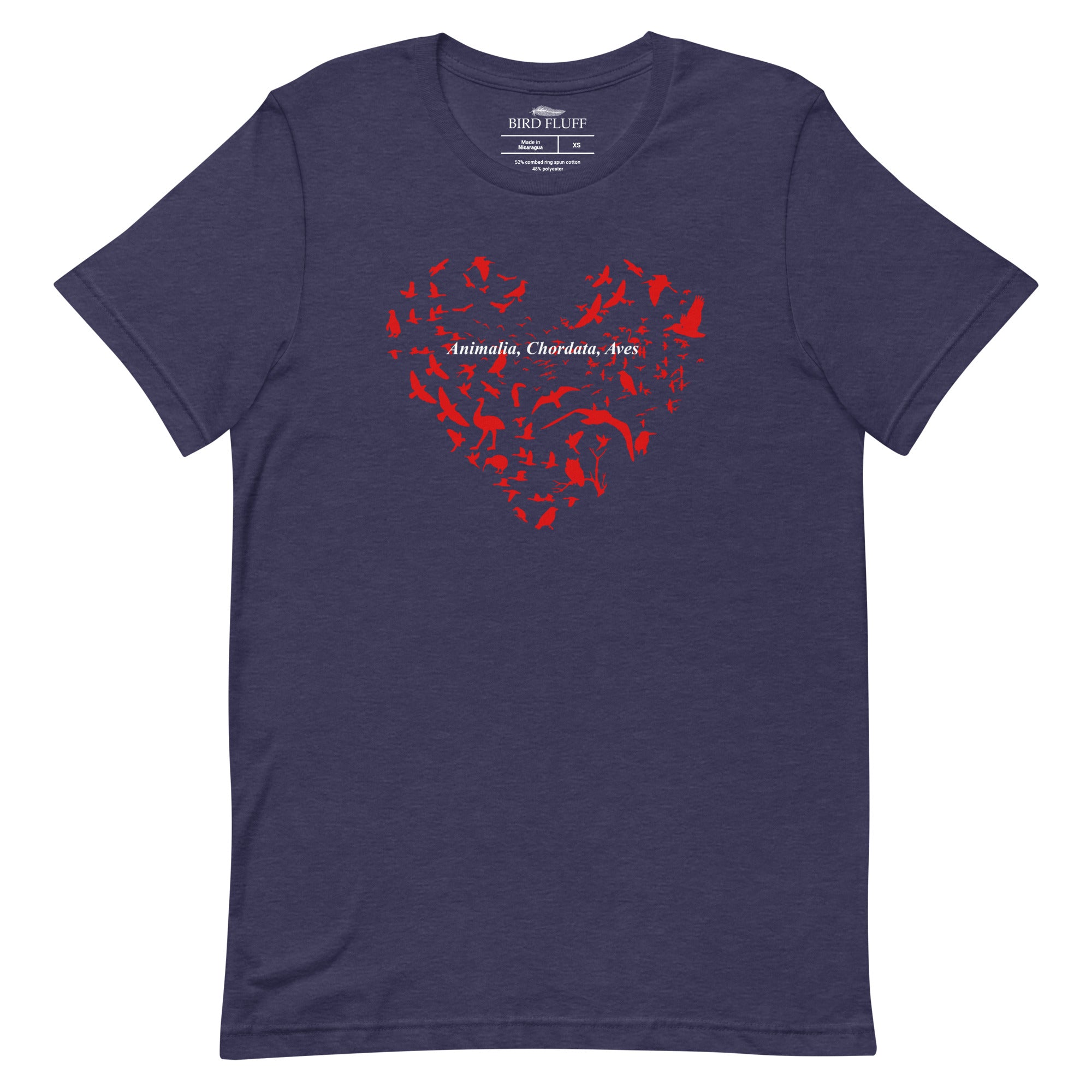 Heather navy unisex bird t-shirt with a bird silhouettes of many different types of birds in red and arranged so they make a heart shape, on top of that the words, "Animalia, Chordata, Aves".