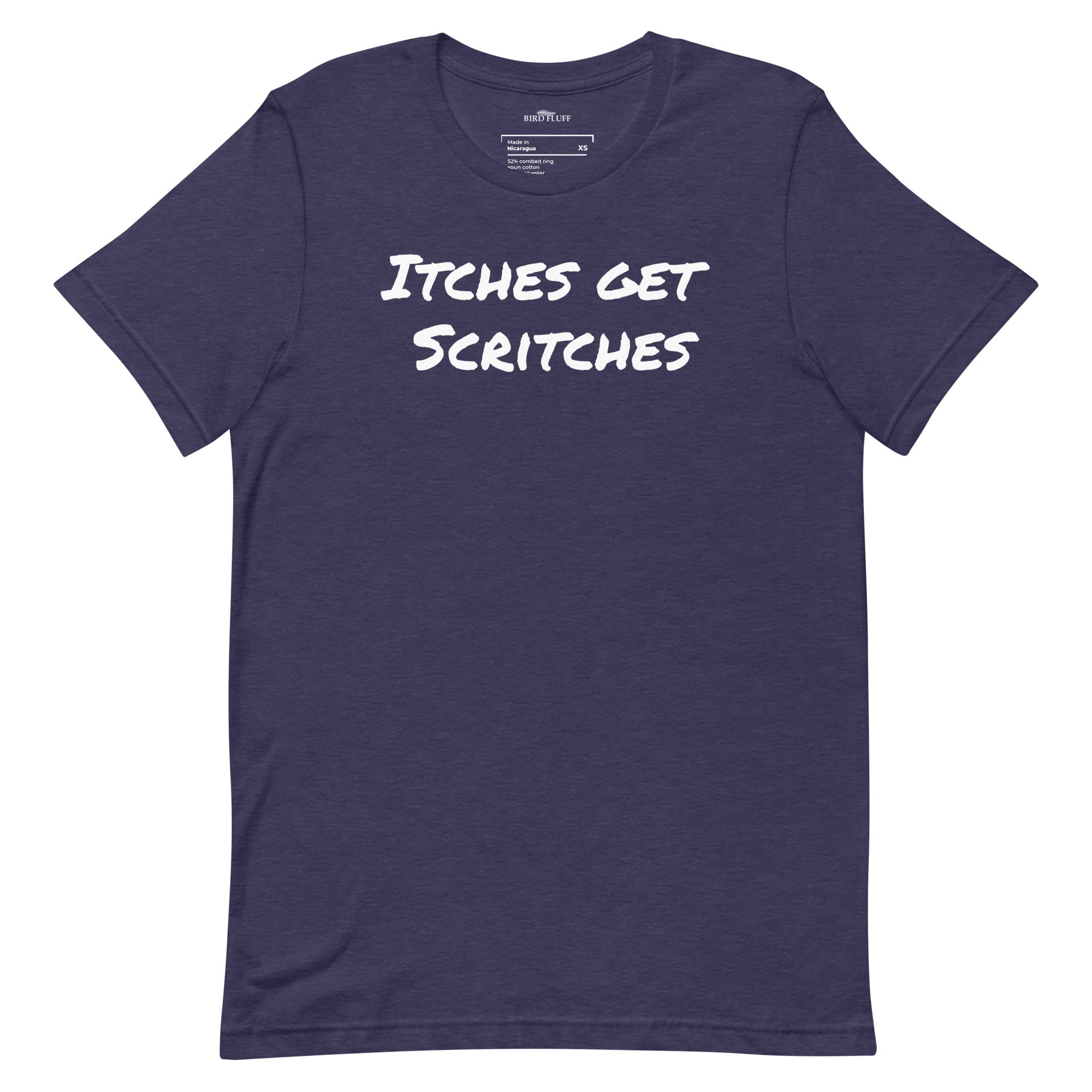 Navy blue unisex t-shirt with the phrase, "Itches get scritches" across the front.