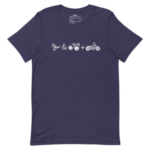 Unisex navy heather bird t-shirt celebrating bird watching and motorcycling with a graphic of binoculars, a bird, and a motorcycle. 