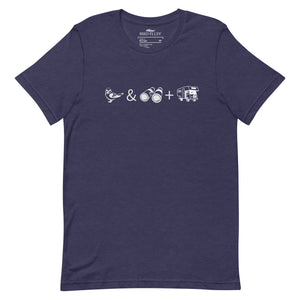 Unisex navy bird t-shirt celebrating bird watching and overlanding with a graphic of binoculars, a bird, and an overlanding vehicle.