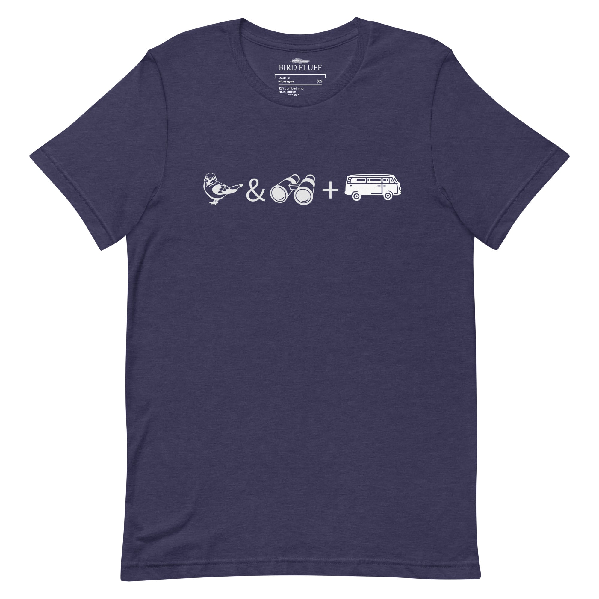 Heather navy unisex bird t-shirt with graphics of binoculars, birds and a van.