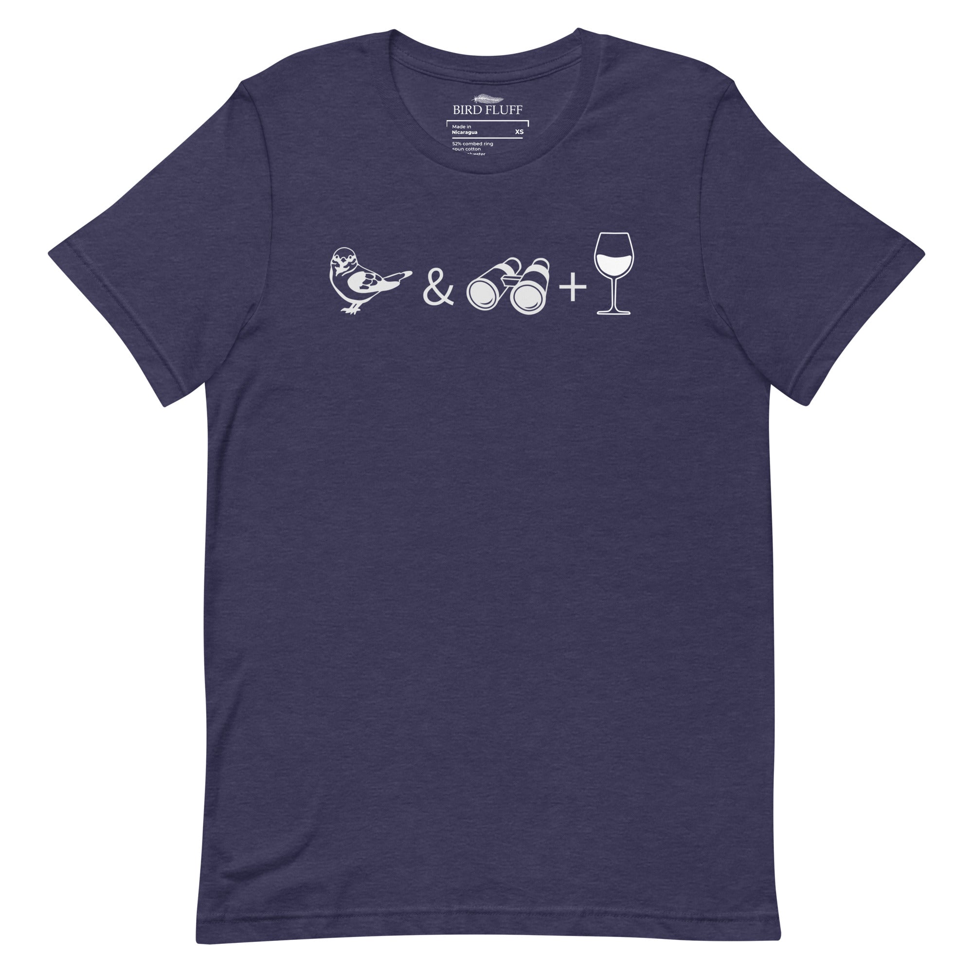 Unisex heather navy blue bird t-shirt celebrating bird watching and wine drinking with a graphic of binoculars, a bird, and a glass of wine.