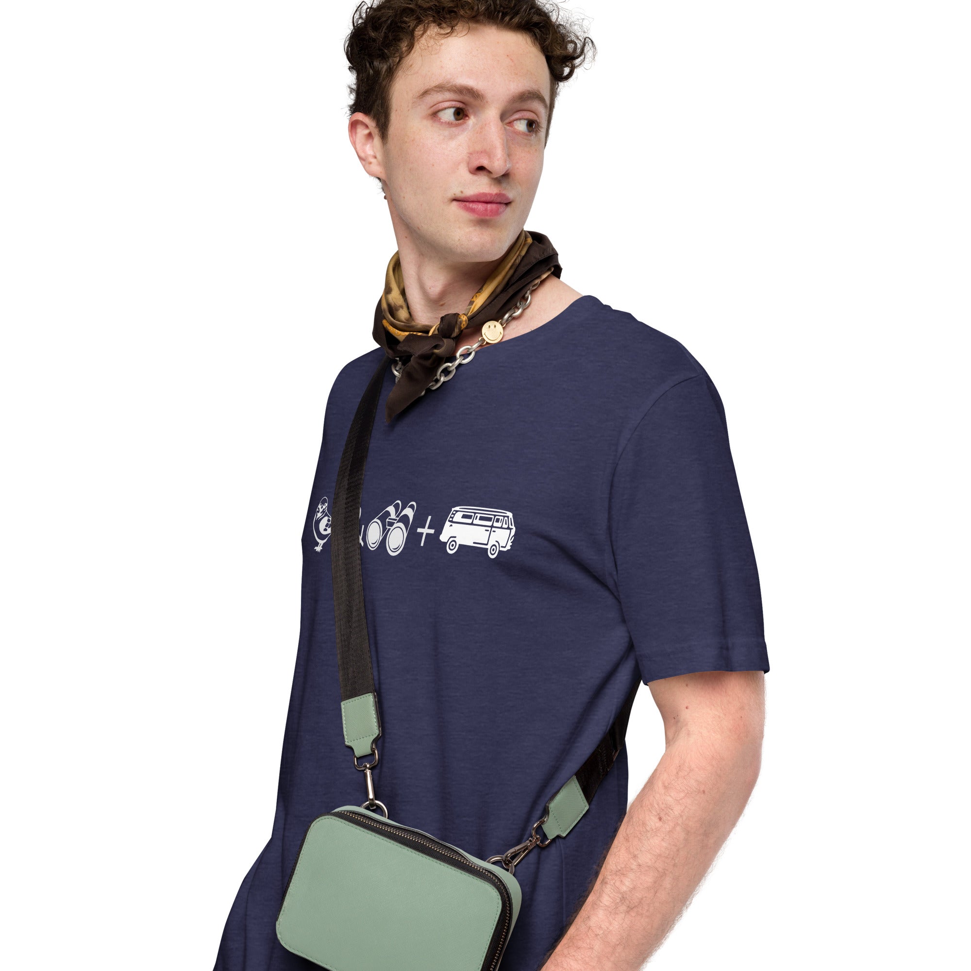 Navy unisex bird t-shirt with graphics of binoculars, birds and a van. Worn by a man.