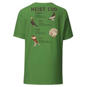 Green bird t-shirt featuring a posse of show pigeons and describing their specific set of skills on the back of the shirt.