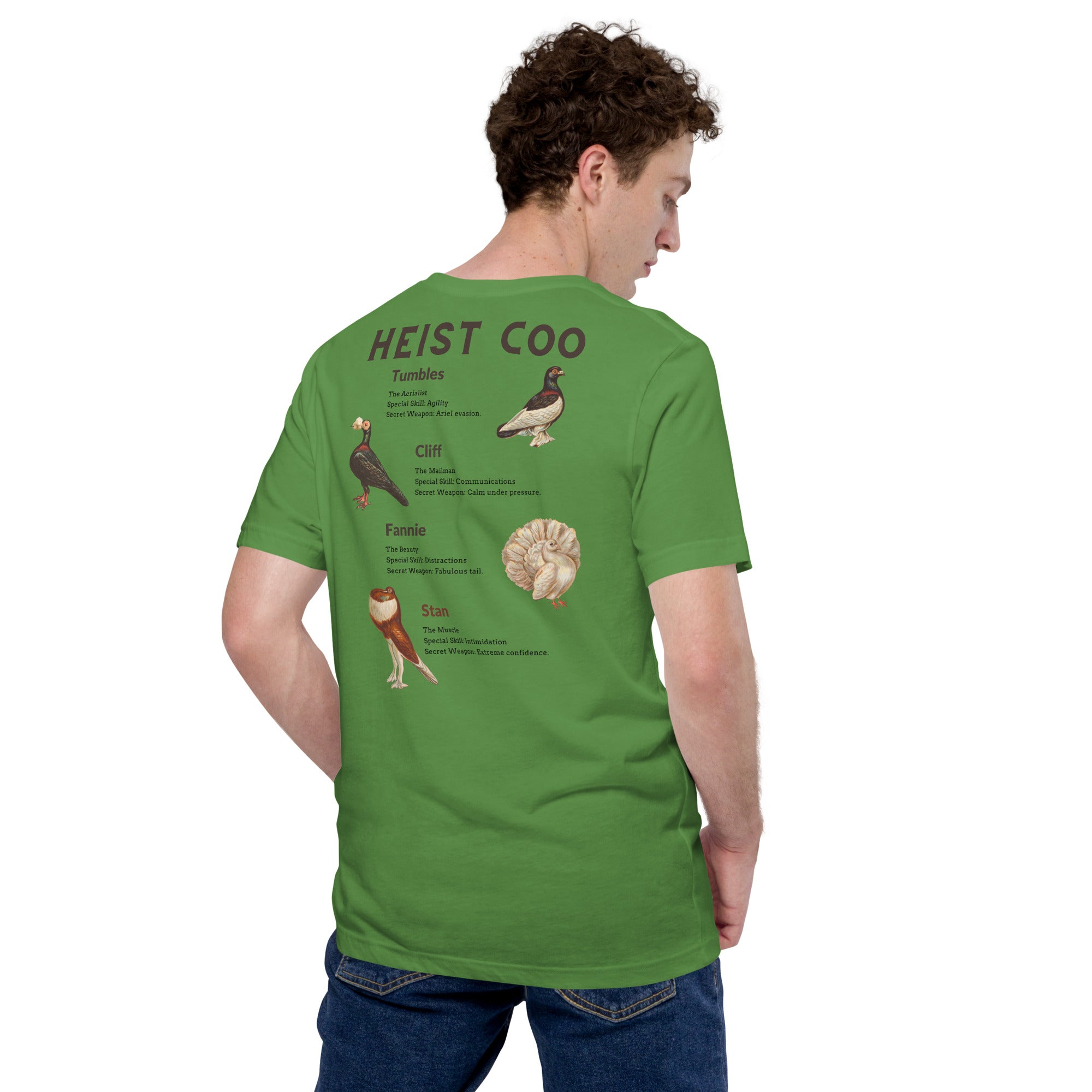 Green bird t-shirt featuring a posse of show pigeons and describing their specific set of skills on the back of the shirt.. Worn by a man.