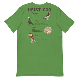 Green bird t-shirt featuring a posse of show pigeons and describing their specific set of skills on the back of the shirt.. 