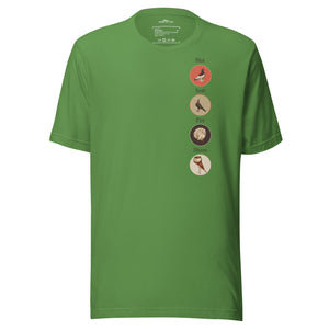 Green bird t-shirt featuring a posse of show pigeons and describing their specific set of skills on the back of the shirt.. Front of shirt is shown with each pigeon in its own circle down the left side.