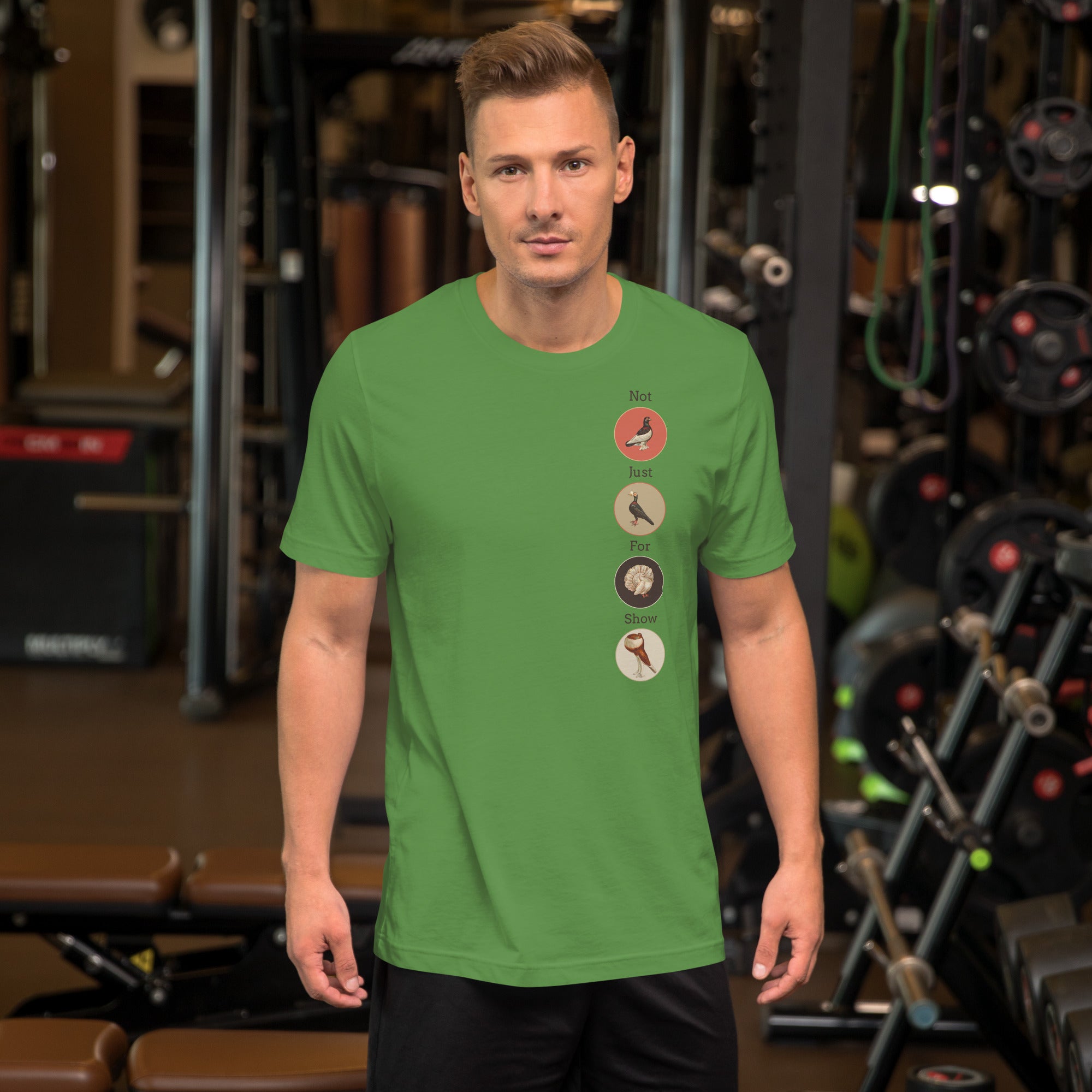 Green bird t-shirt featuring a posse of show pigeons and describing their specific set of skills on the back of the shirt.. Front of shirt is shown with each pigeon in its own circle down the left side. On a male model in a gym setting.