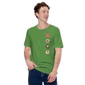 Green bird t-shirt featuring a posse of show pigeons and describing their specific set of skills on the back of the shirt.. Front of shirt is shown with each pigeon in its own circle down the left side. Worn by a man.