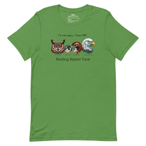 A green bird shirt with a great horned owl, a peregrine falcon, a red-tailed hawk and a bald eagle. The shirt has text that says, I'm not angry, I have RRF. Resting Raptor Face.