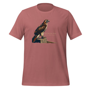 Mauve bird shirt with an artistic depiction of a red-tailed hawk sitting on a fence and the common and scientific names for the bird next to it.