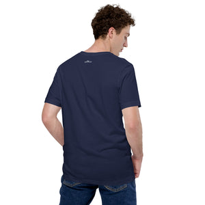 Navy blue unisex bird shirt featuring a line drawing of two Albatross heads and the words "For Life" on the front. Rear view showing brand logo just beneath the collar.