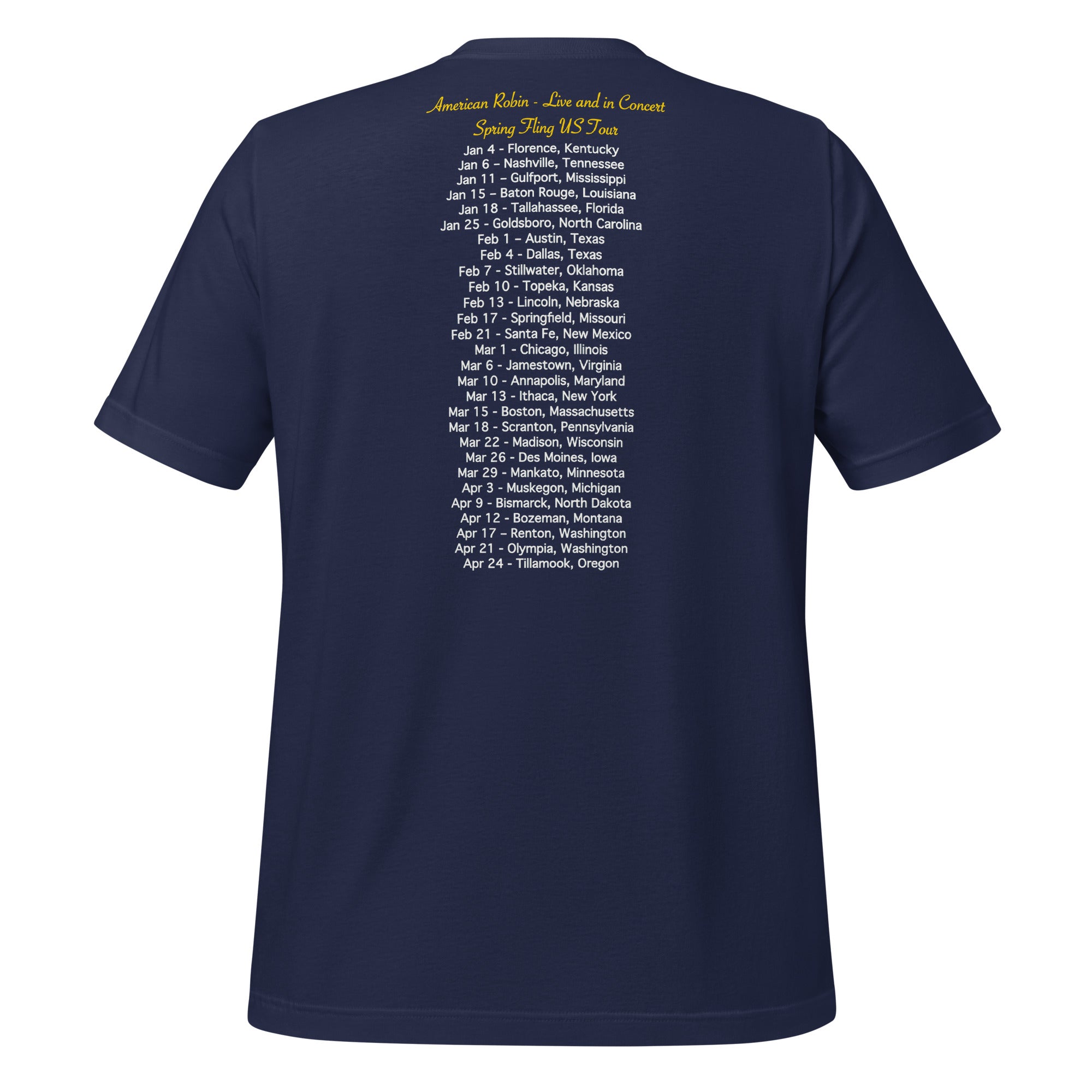 Navy unisex bird t-shirt featuring an illustration of an American Robin and a microphone and the words American Robin, Spring Fling Tour. Rear view with "concert" dates.