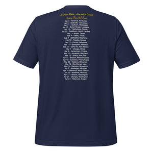 Navy unisex bird t-shirt featuring an illustration of an American Robin and a microphone and the words American Robin, Spring Fling Tour. Rear view with "concert" dates.