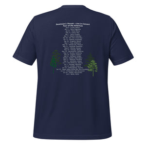 Navy unisex bird shirt mimicking a concert t-shirt with the words "Swainson's Thrush" and below that, "Tour of the Americas" and below that an illustrated Swainson's thrush singing into a microphone. Back of shirt, (shown) has concert dates and cities where this bird can be heard.