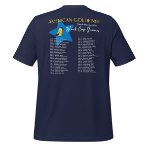 Navy unisex bird shirt featuring an American goldfinch singing into a microphone with a list of dates and cities on the back where the bird is commonly seen. Rear view.