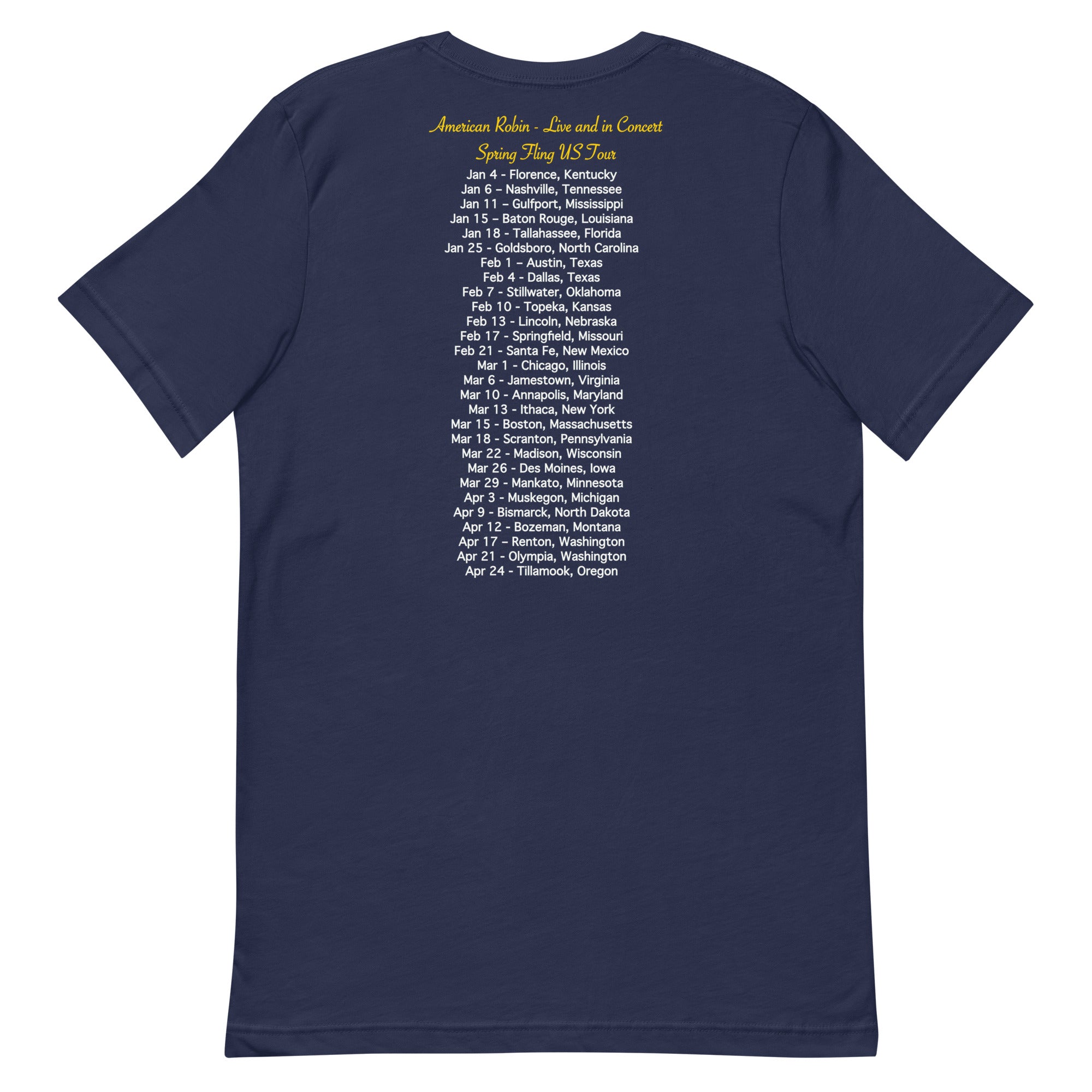 Navy blue unisex bird t-shirt featuring an illustration of an American Robin and a microphone and the words American Robin, Spring Fling Tour. Back of shirt shown.