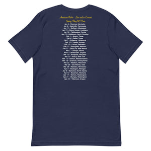 Navy blue unisex bird t-shirt featuring an illustration of an American Robin and a microphone and the words American Robin, Spring Fling Tour. Back of shirt shown.