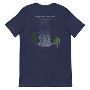 Navy unisex bird shirt mimicking a concert t-shirt with the words "Swainson's Thrush" and below that, "Tour of the Americas" and below that an illustrated Swainson's thrush singing into a microphone. Back of shirt, (not shown) has concert dates and cities where this bird can be heard. Rear of shirt shown.