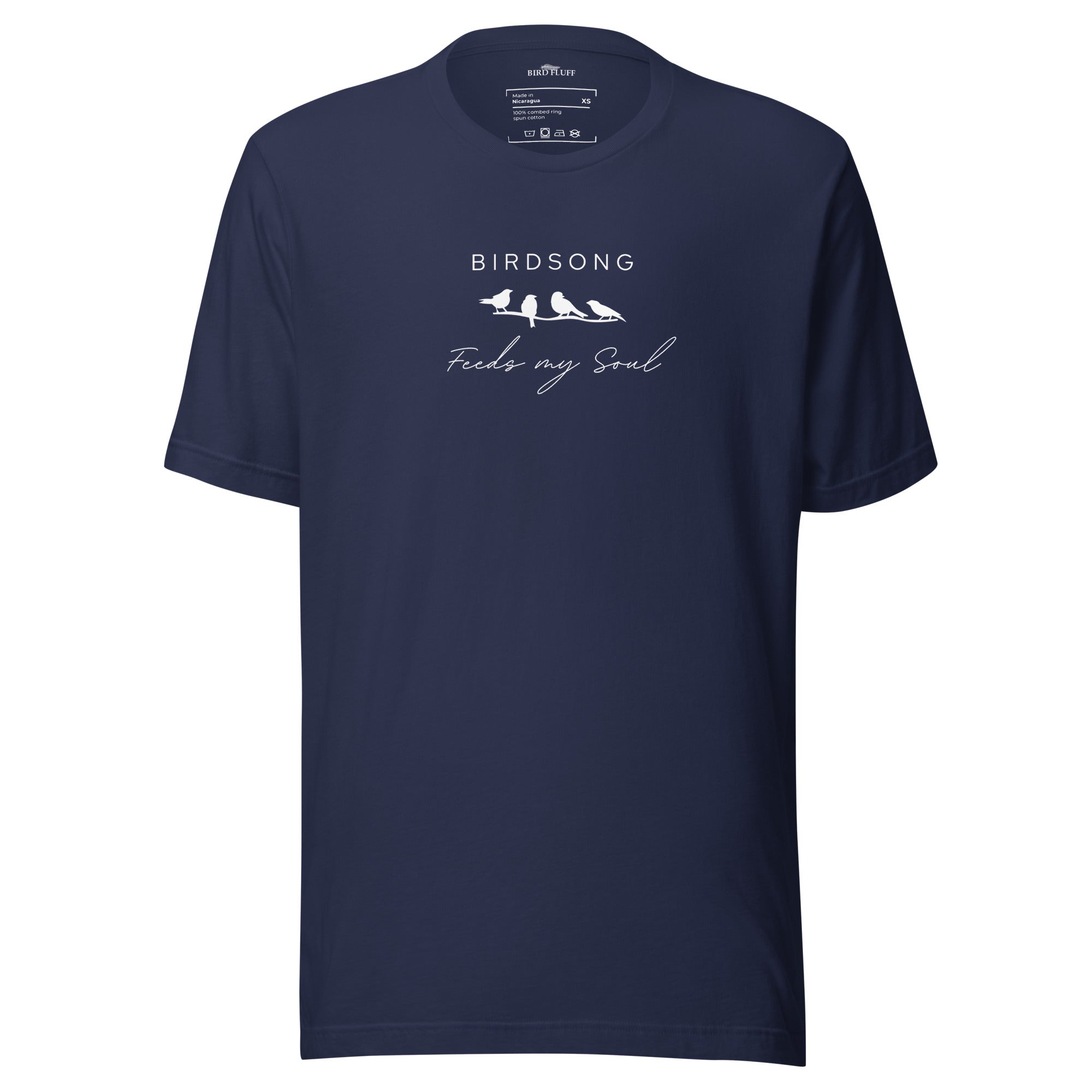 Navy t-shirt with the words Birdsong feeds my soul placed above and below a white graphic of 4 birds on a branch.