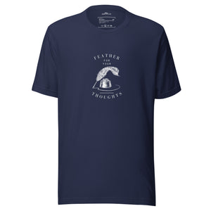 Navy blue unisex t-shirt with a quill and an ink pot and the words, "Feather for your Thoughts."